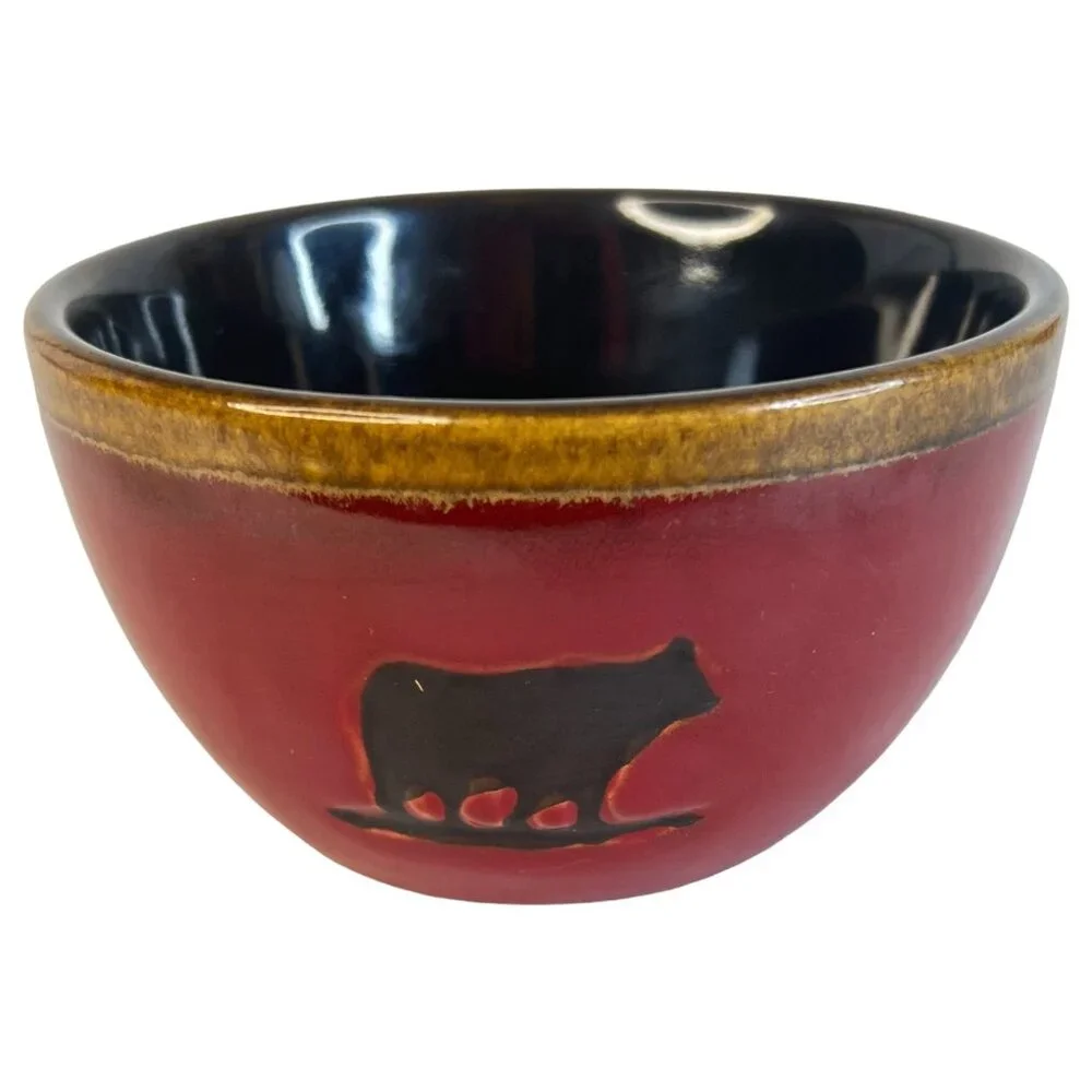 2 Home Studio Woodland‎ Rustic Red Bowl Berry Set Bear Pine Tree 4.5 IN Ceramic